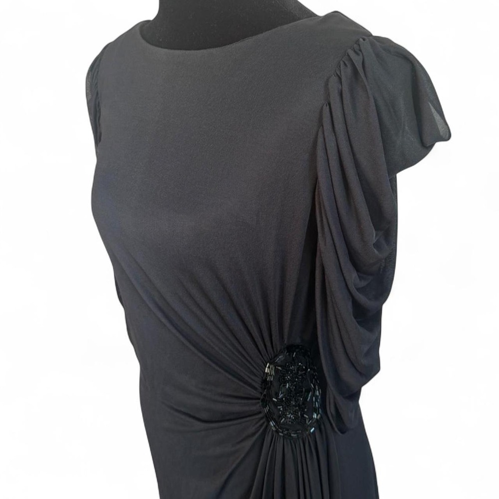 Vintage Black Silk Dress Ruched Open Shoulder Beaded Side Pleated Skirt Sz 12 14